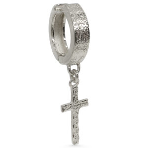 Real 18K White Gold Cross Earring Single Dangle Cross Earring Mens Gold Hoop