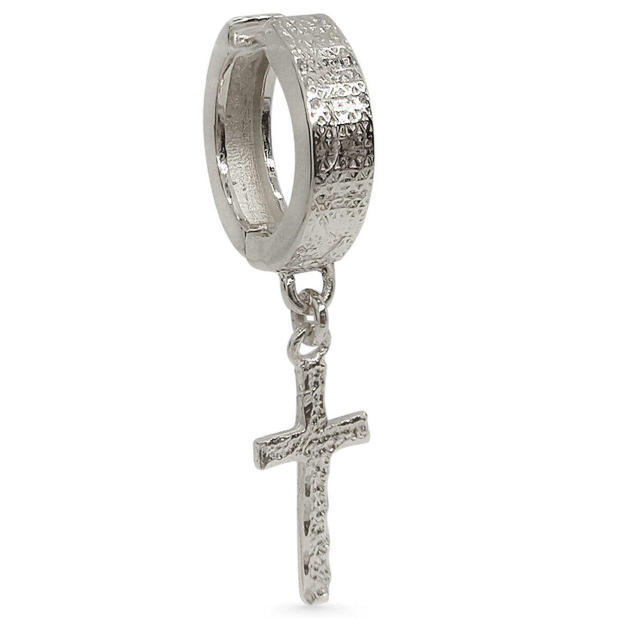 Real 18K White Gold Cross Earring Single Dangle Cross Earring Mens Gold Hoop