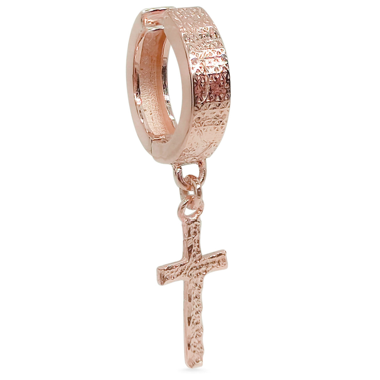 Real 14K Rose Gold Cross Earring Single Dangle Cross Earring Mens Gold Hoop