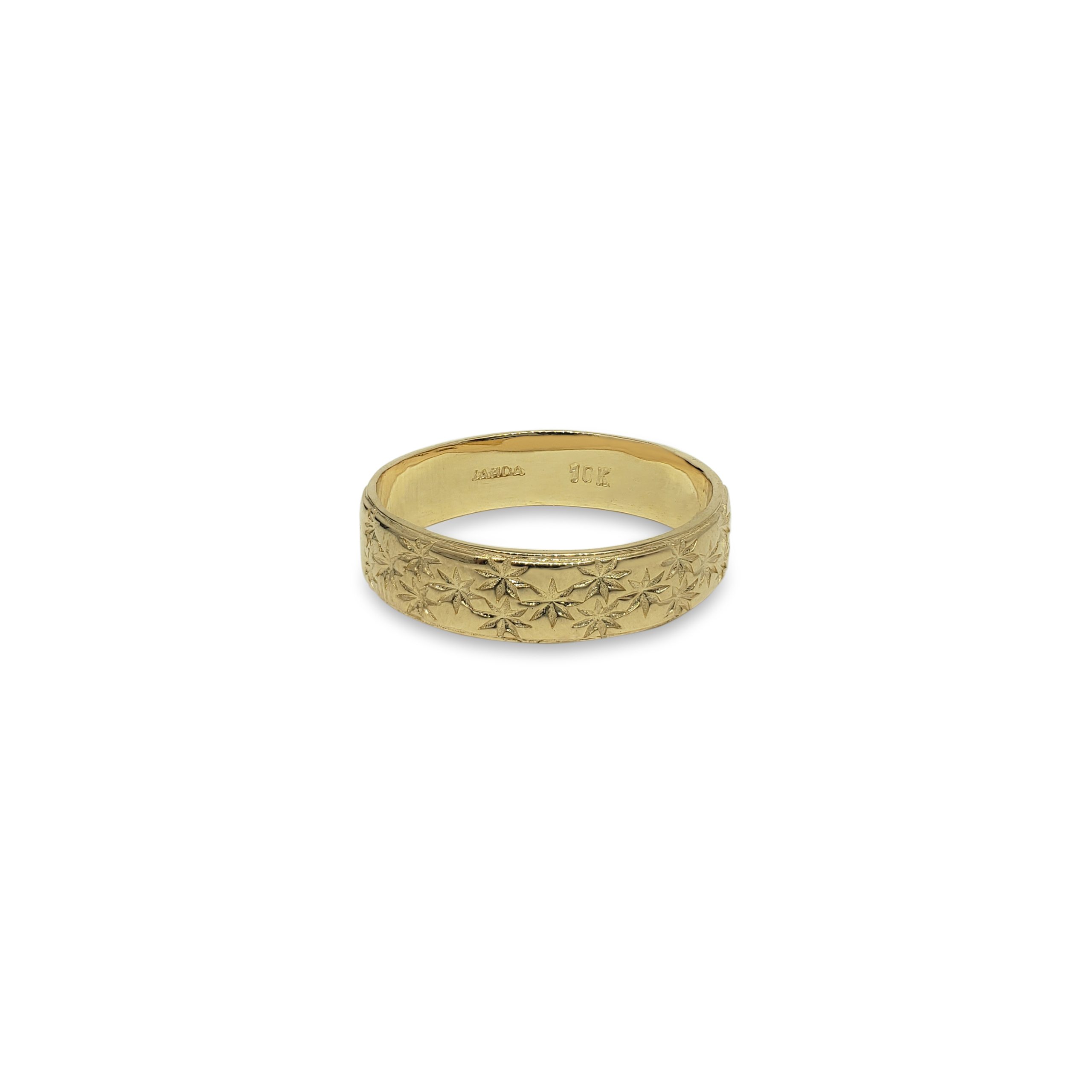 Solid 10K Women's Yellow Gold Etched Ring, 5mm Real Gold Star Ring