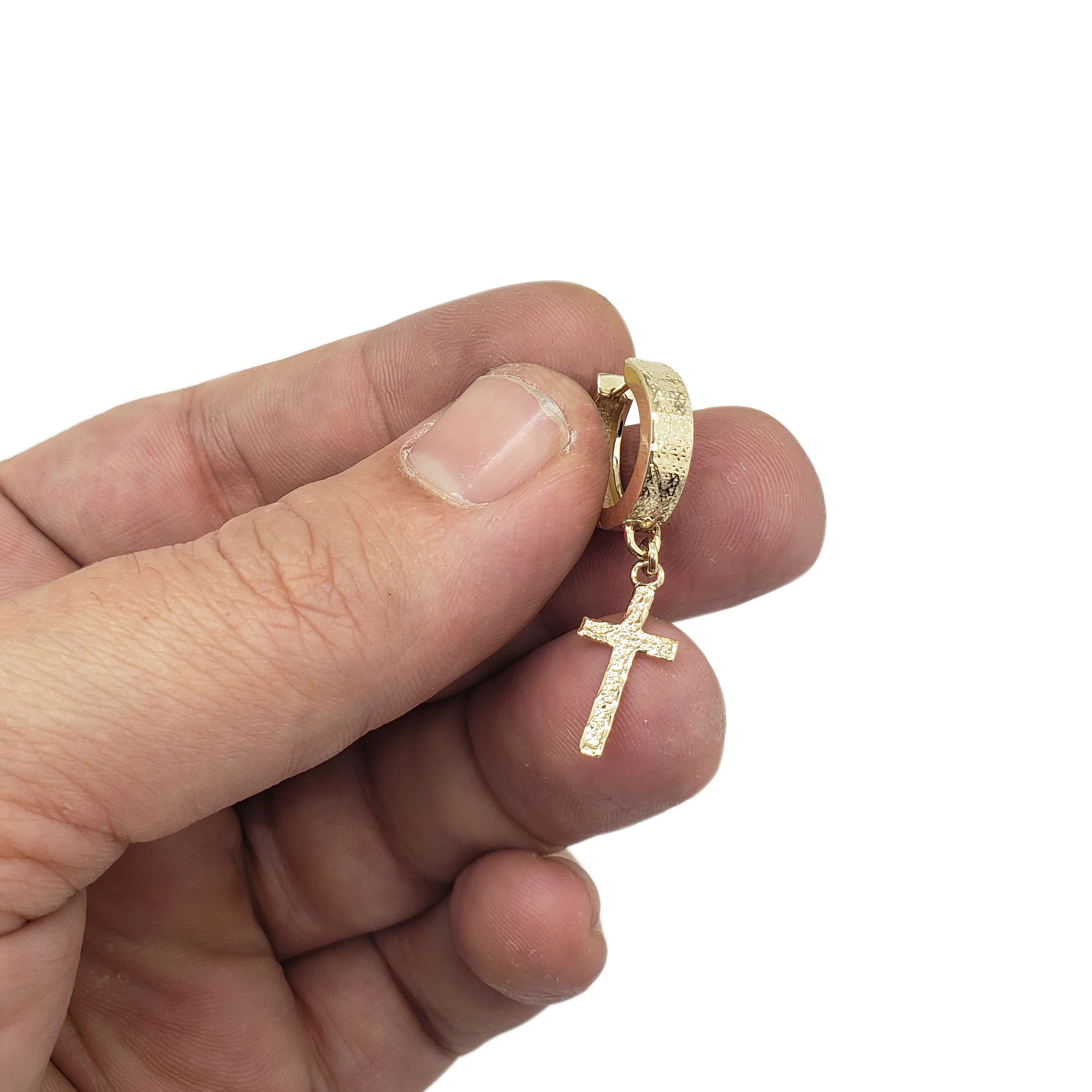 Real 14K Yellow Gold Cross Earring Single Dangle Cross Earring Mens