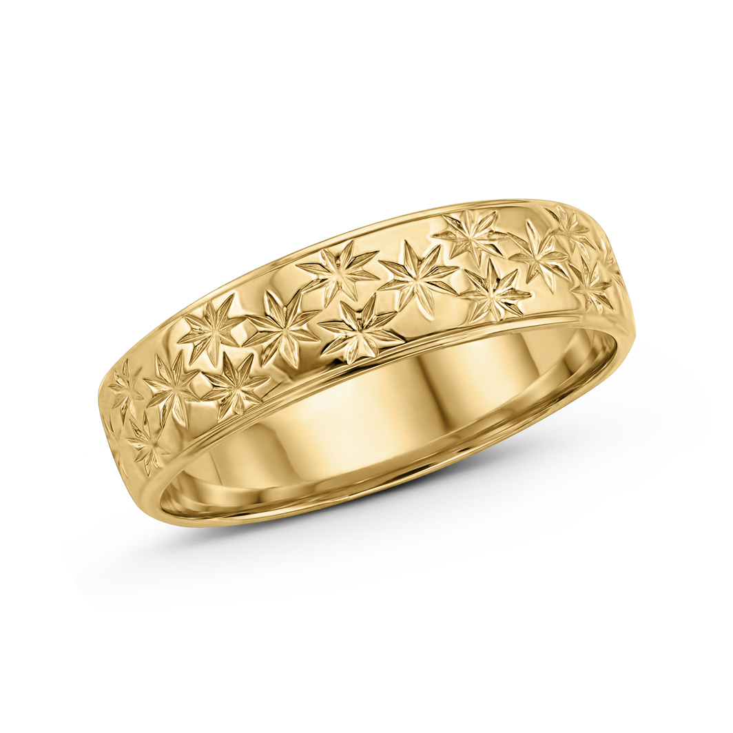 Solid 14K Women's Yellow Gold Etched Ring, 5mm Real Gold Star Ring Size 3 - 12