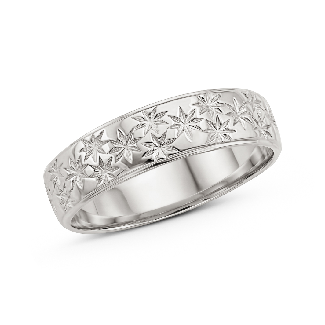 Solid 18K Women's White Gold Etched Ring, 5mm Real Gold Star Ring Size 3 - 12