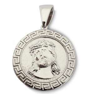 Solid 10K White Gold Jesus Pendant Gold Jesus Piece 31mm, Greek Key