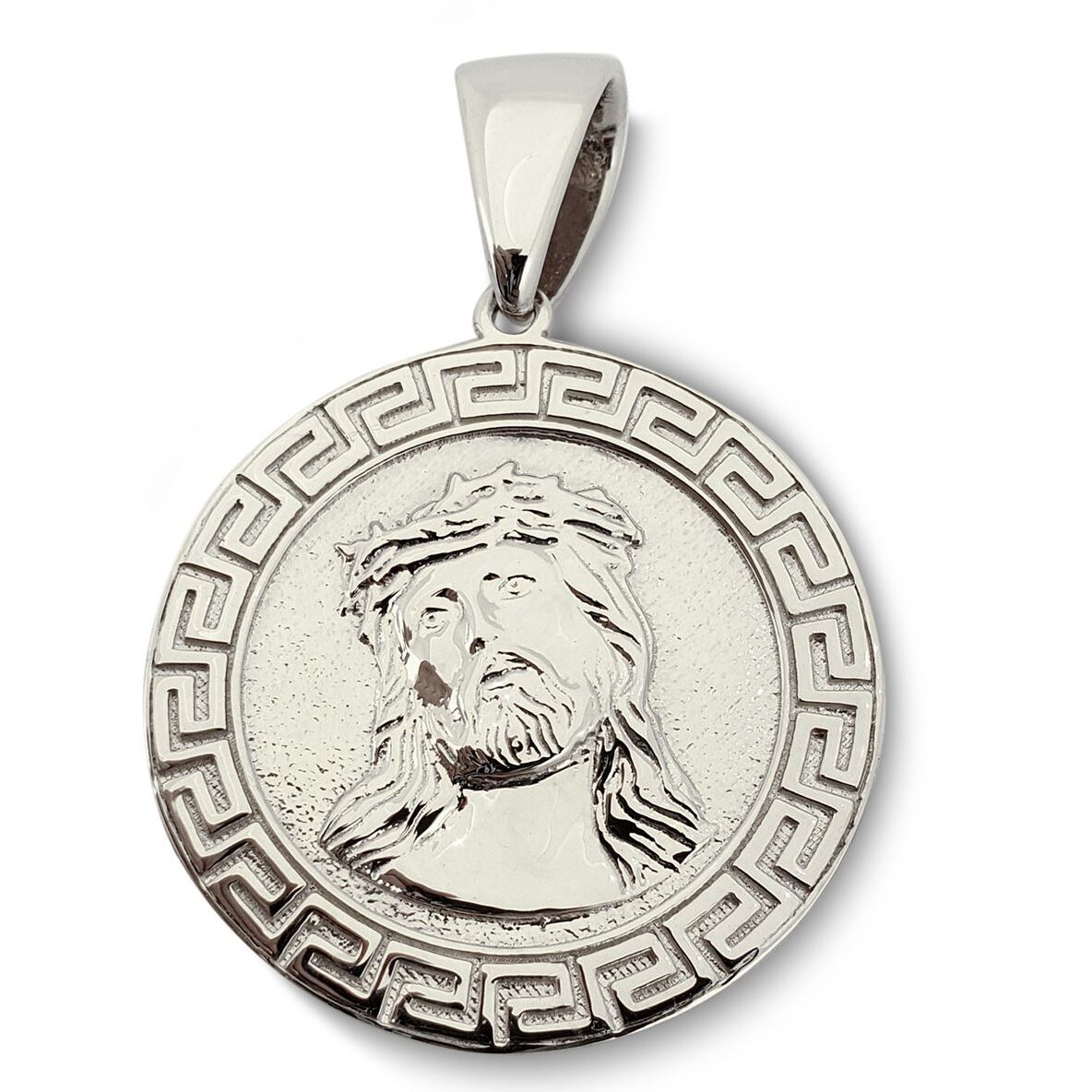 Solid 10K White Gold Jesus Pendant Gold Jesus Piece 31mm, Greek Key