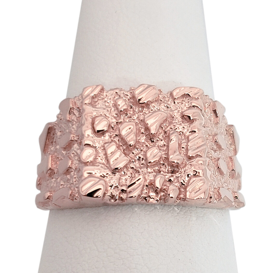Solid 10K Rose Gold Large Diamond Cut Mens Nugget Ring, Size 5 - 15