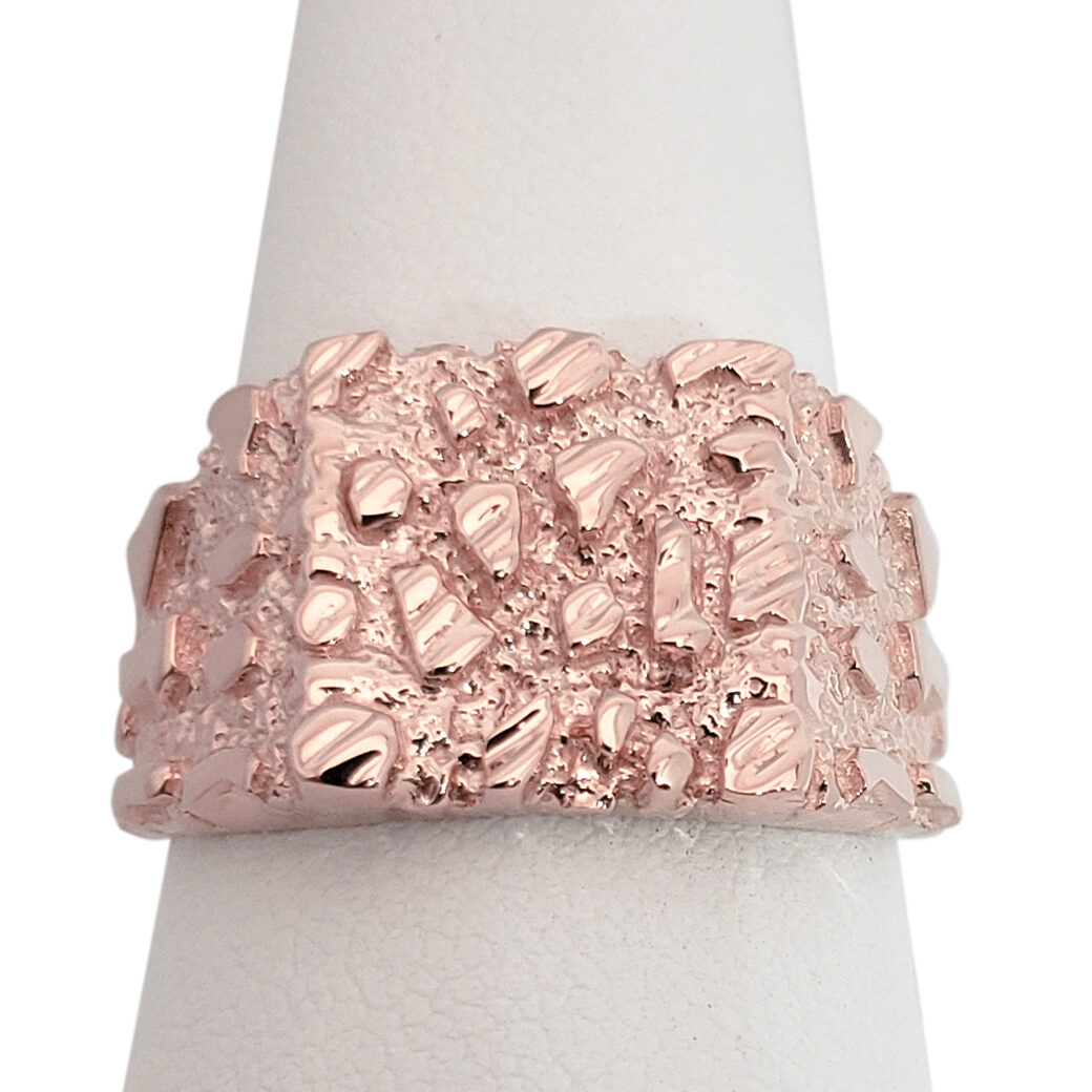 Solid 14K Rose Gold Large Diamond Cut Mens Nugget Ring, Size 5 - 15
