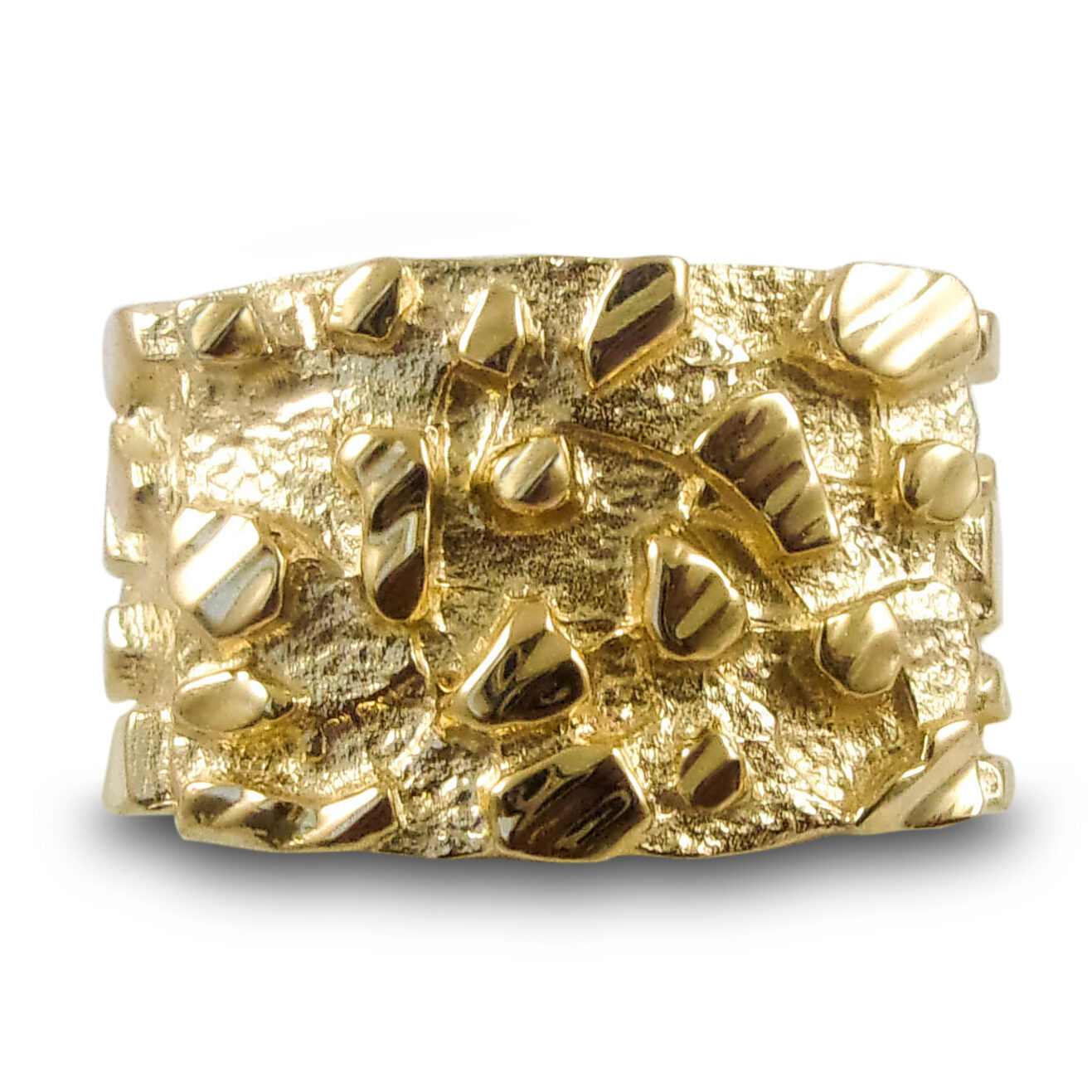 Solid 14K Yellow Gold Mens Nugget Ring Diamond Cut Heavy Wide Face, Size 5 - 15