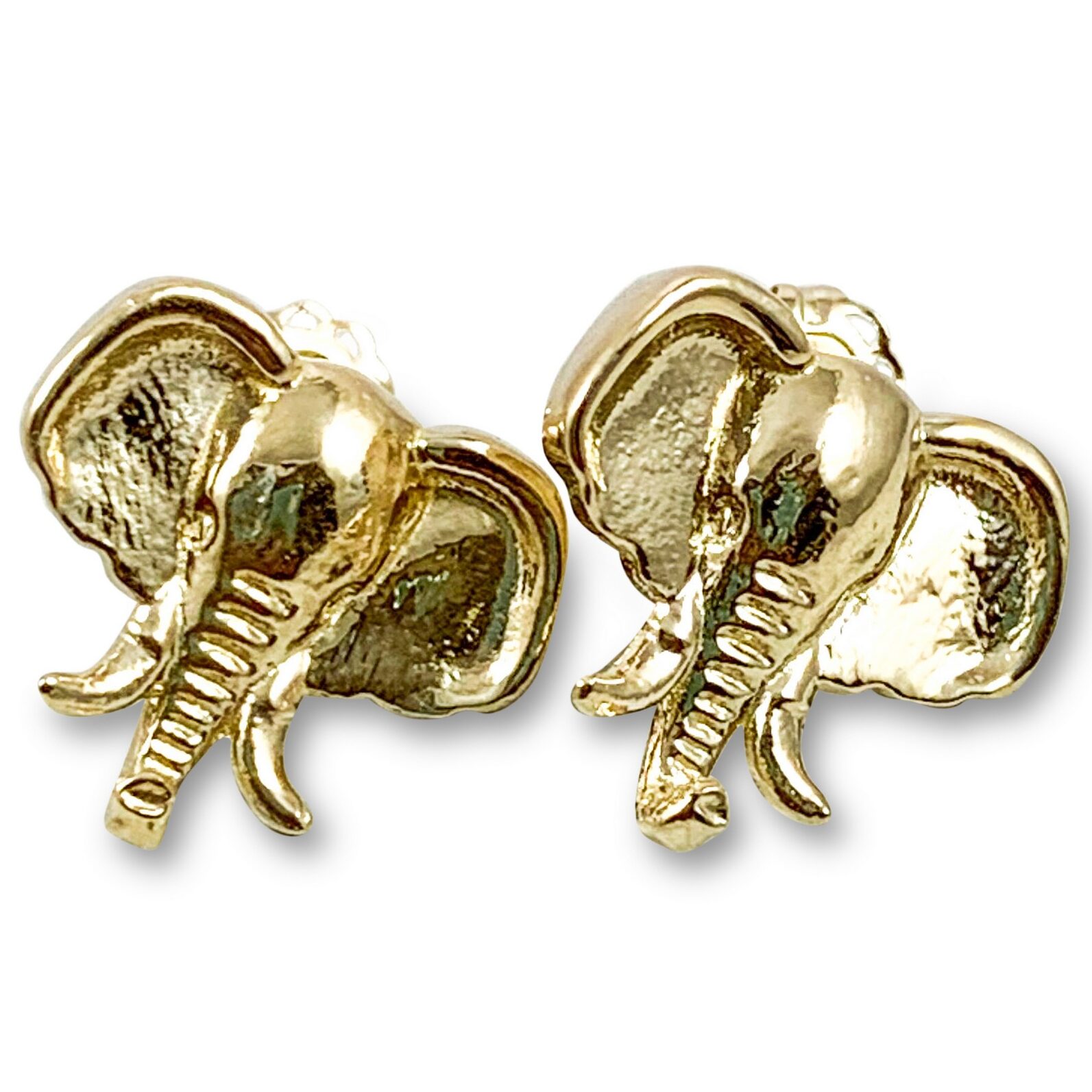 Solid 10K Yellow Gold Stud Earrings Elephant Jewelry Head Design, 14mm, 3.2 grams
