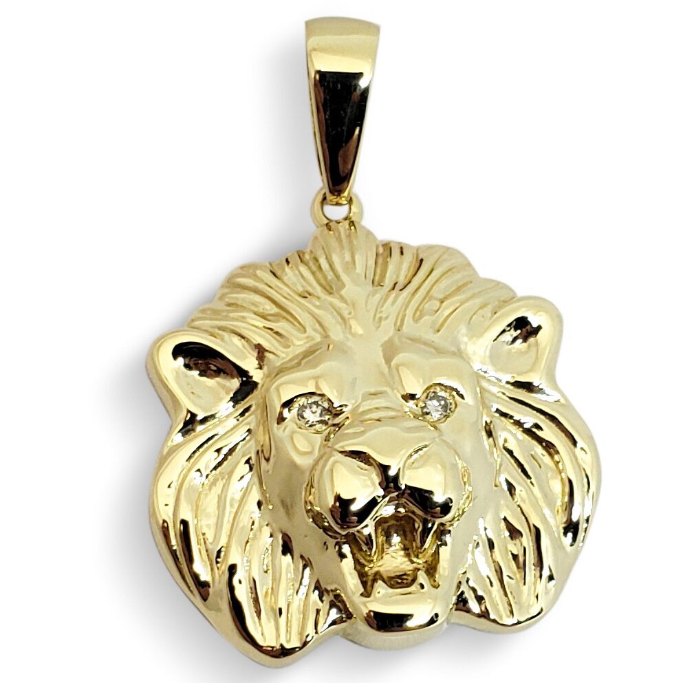 Solid 10K Yellow Gold Lion Pendant Diamond Eyes, 24mm