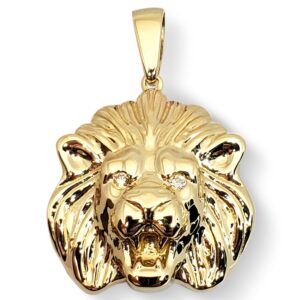 Solid 18K Yellow Gold Mens Lion Pendant Diamond Eyes Lion Medal, 24mm