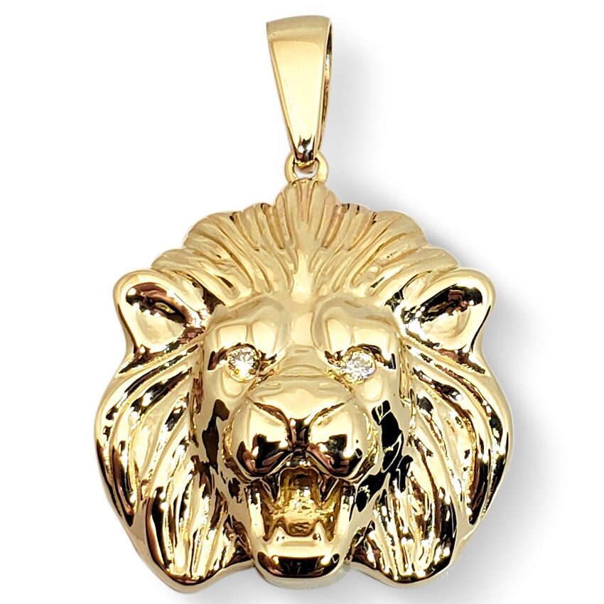 Solid 18K Yellow Gold Mens Lion Pendant Diamond Eyes Lion Medal, 24mm