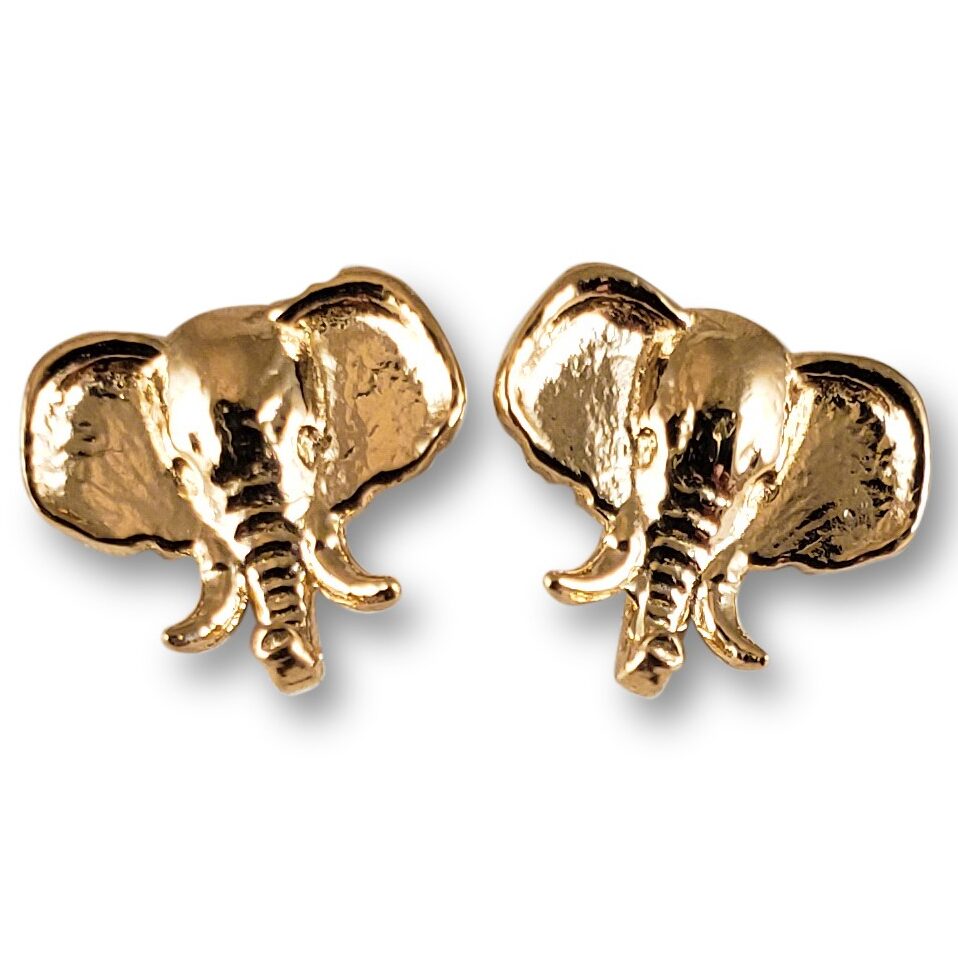 Solid 18K Yellow Gold Stud Earrings 9mm Elephant Head Design, 1.4 grams, Small