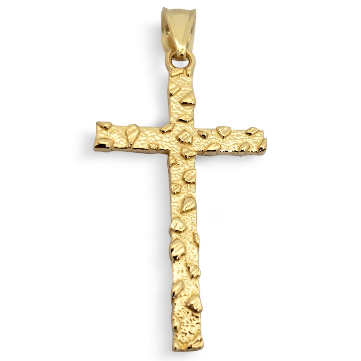 Solid 18K Yellow Gold Skinny Cross Nugget Mens Gold Cross Pendant, 1 3/8"