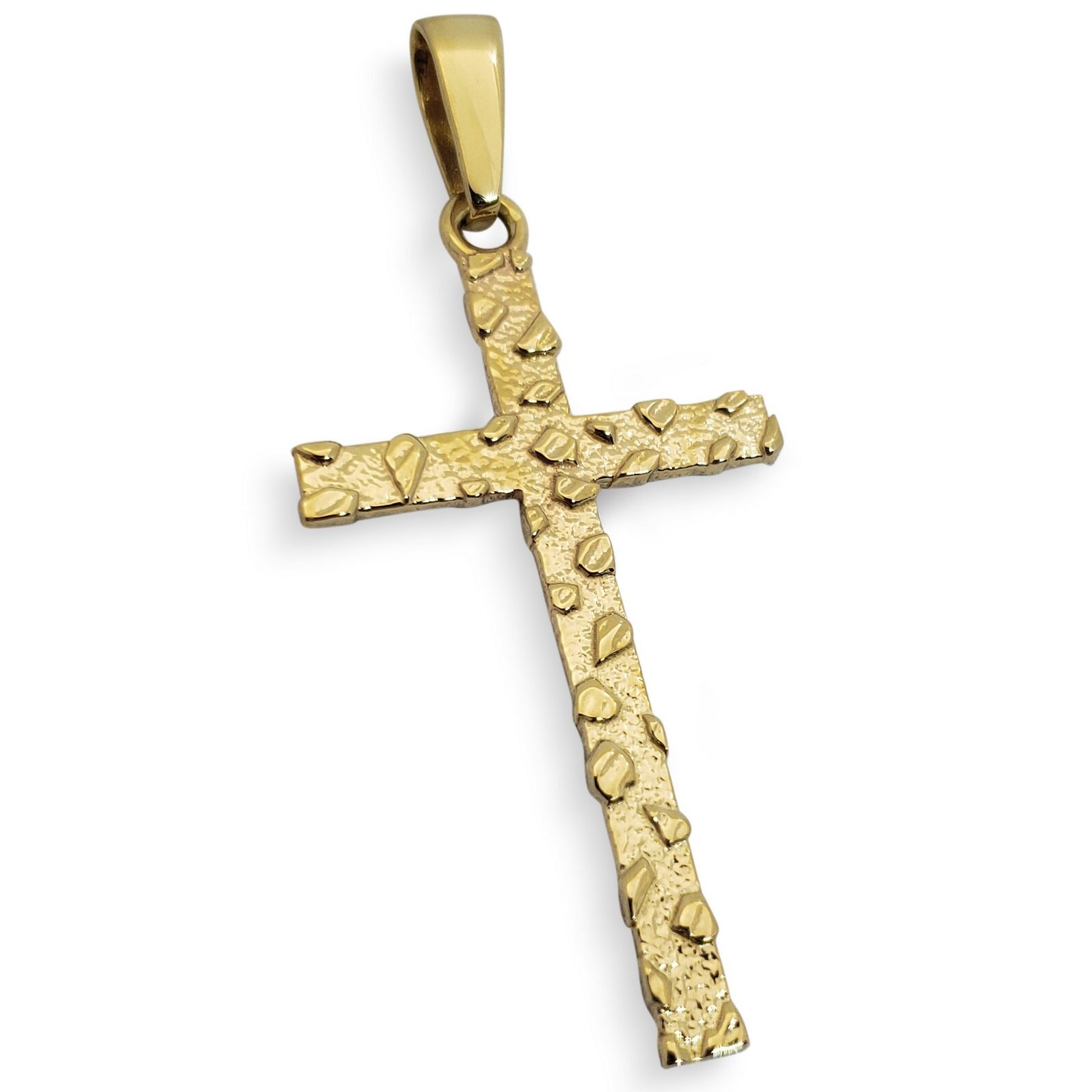 Solid 18K Yellow Gold Skinny Cross Nugget Mens Gold Cross Pendant, 3.6 grams, 2"