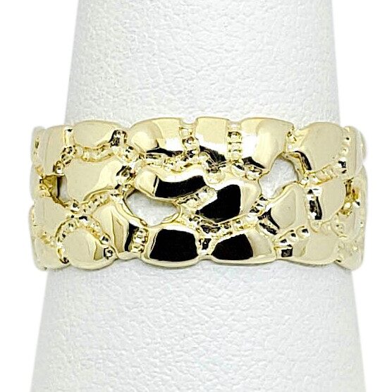 14K Yellow Gold Mens Nugget Band, 9mm Real Gold Nugget Ring, Size 5 - 15