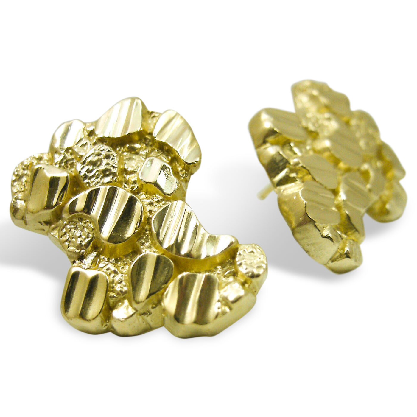 Solid 10K Yellow Gold Thick Earrings Diamond Cut Mens Nugget Earrings