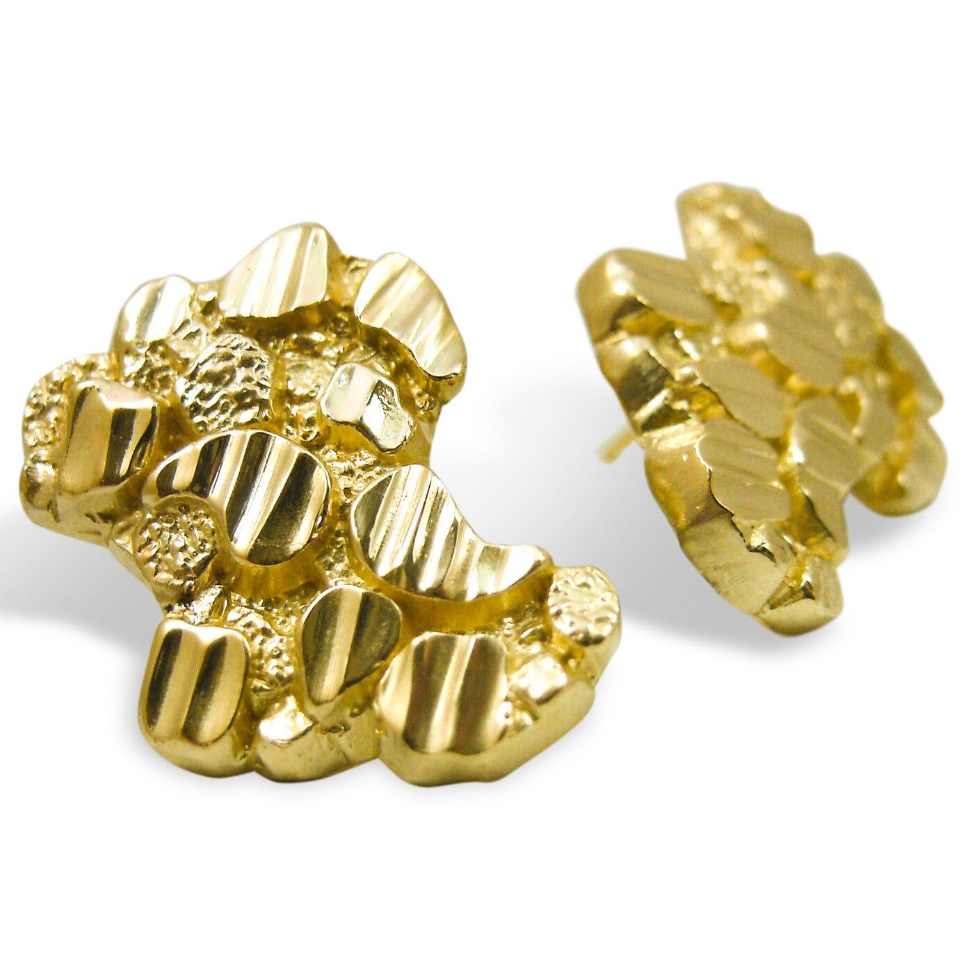 Solid 18K Yellow Gold Thick Earrings Diamond Cut Mens Nugget Earrings