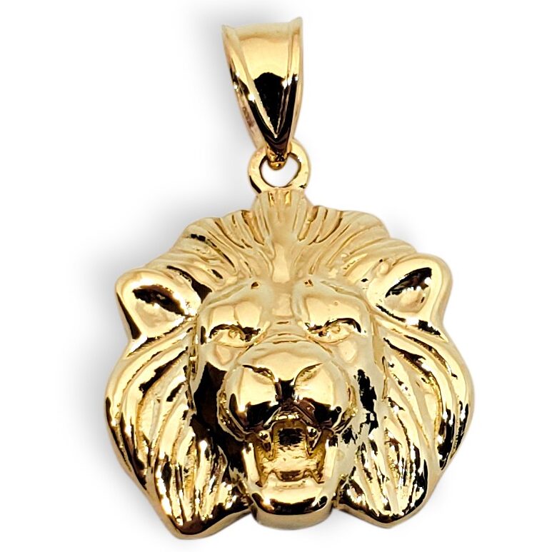 Solid 18K Yellow Gold Mens Lion Pendant Small Lion Medal, 14mm