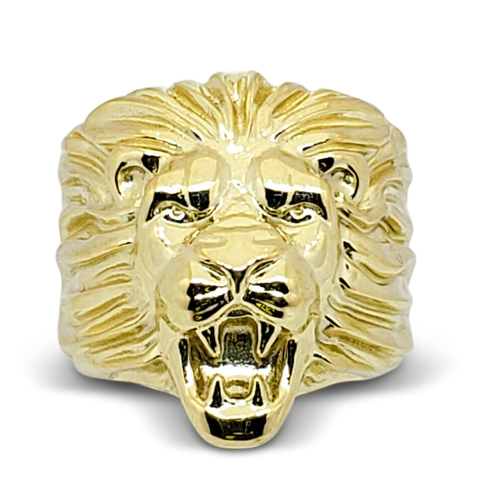 Solid 10K Yellow Gold Mens Lion Ring XXL Heavy Ring Size 5 - 15