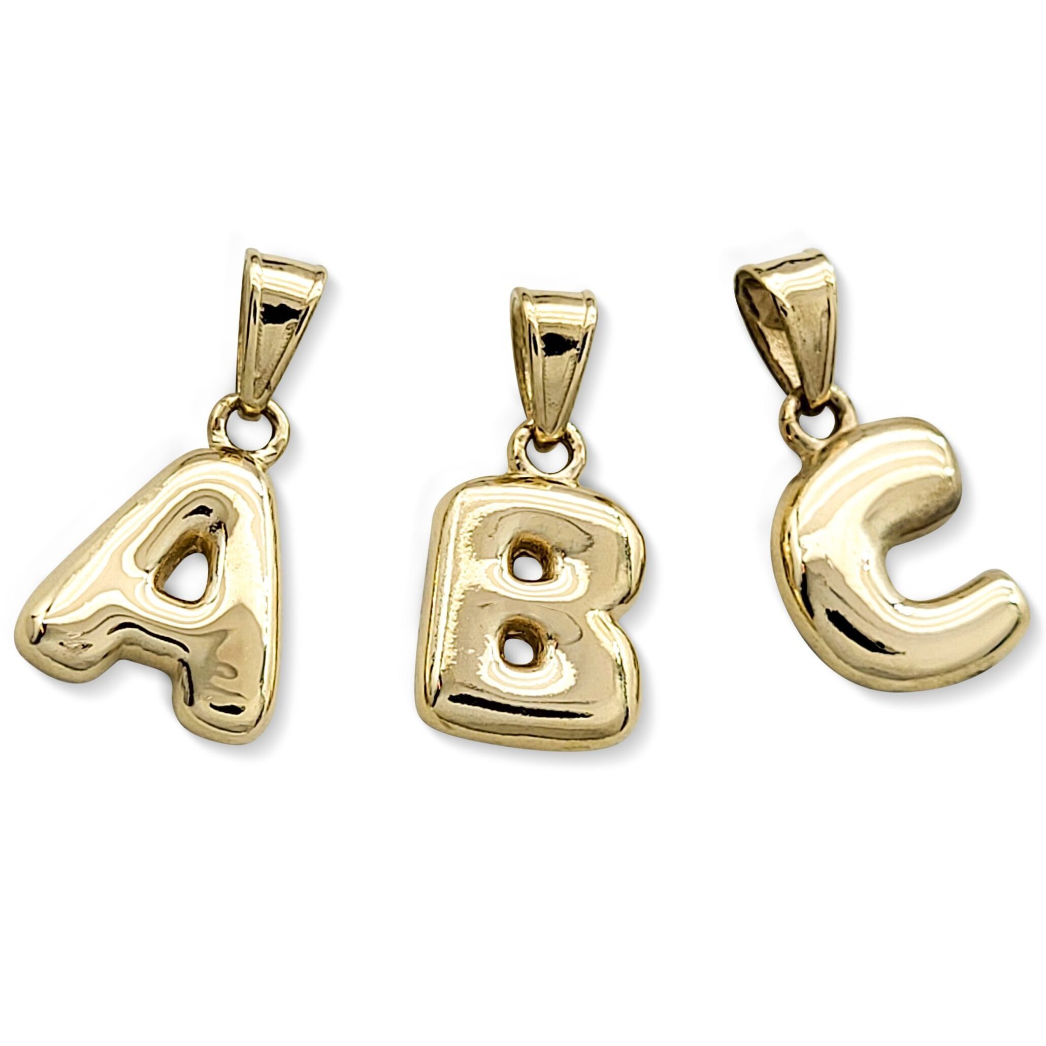 Real 14K Yellow Gold Bubble Letter Pendant All Letters & Numbers, Gold Initial Pendant