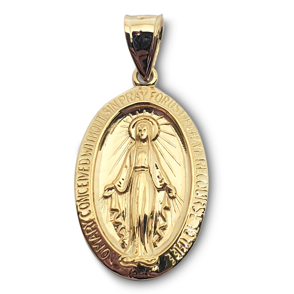 Solid 18K Yellow Gold Miraculous Medal Virgin Mary Pendant, 3/4", Catholic