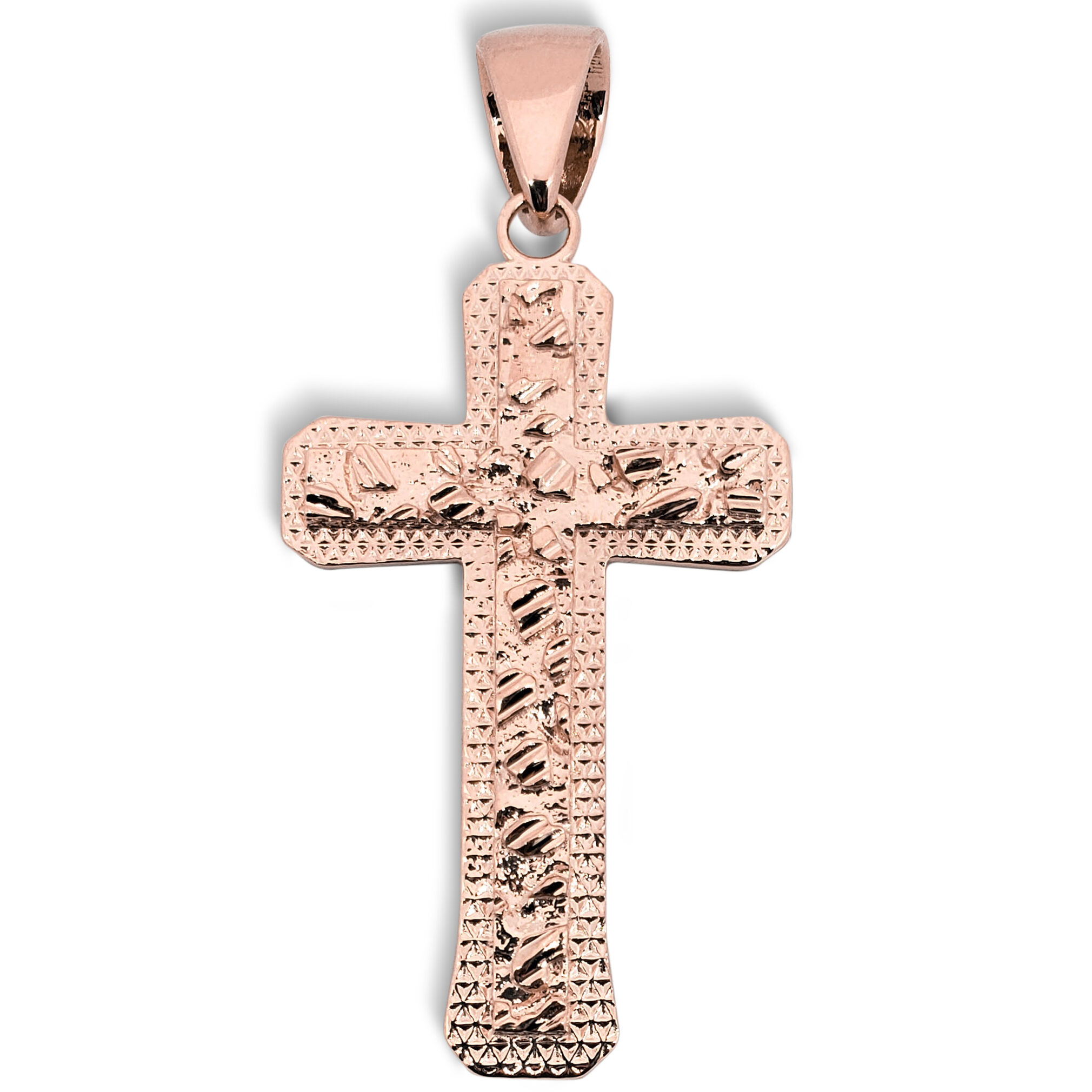 Solid 10K Rose Gold Nugget Cross, Mens Gold Cross Pendant Large 2.5"