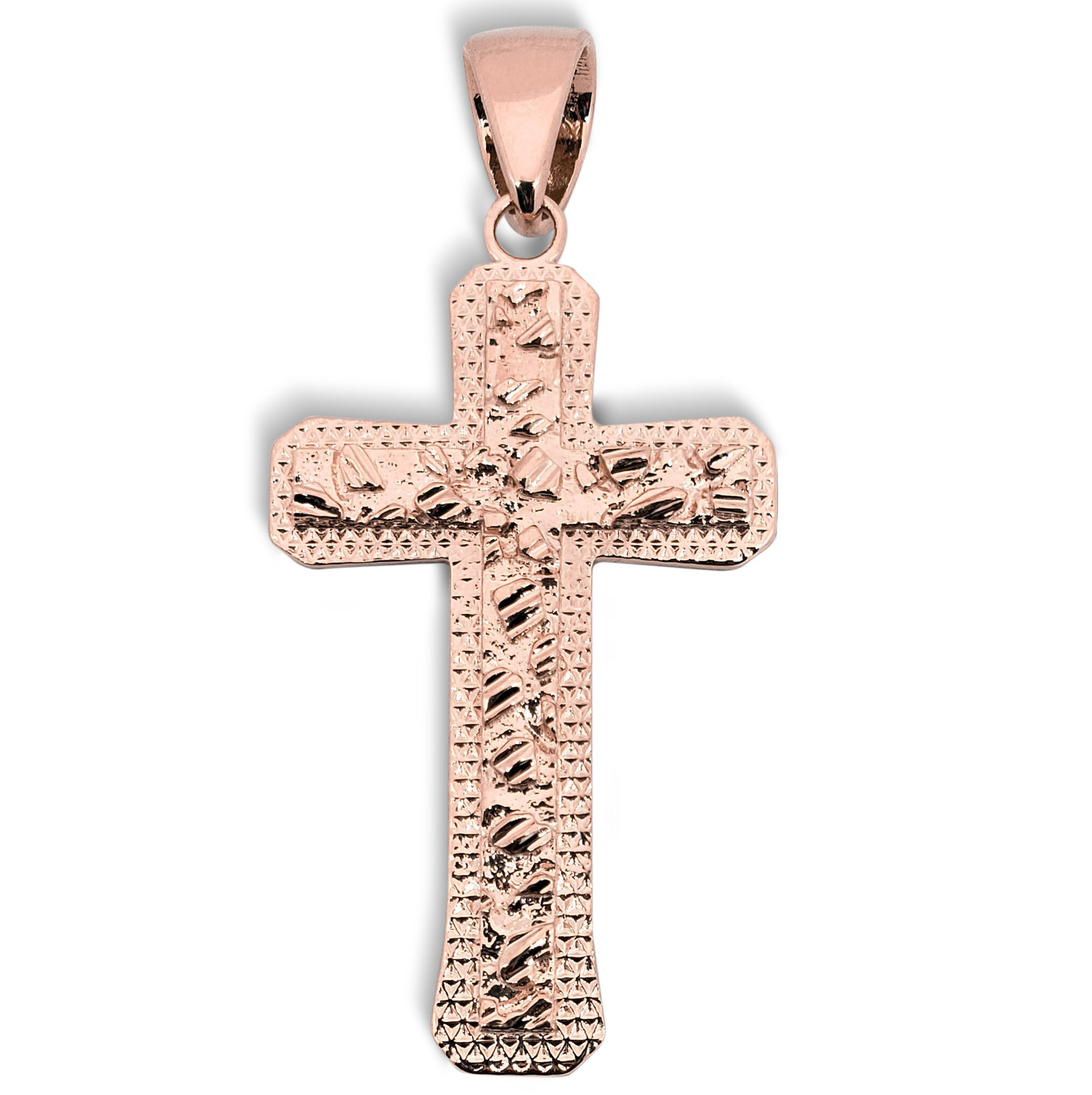 Solid 14K Rose Gold Nugget Cross, Mens Gold Cross Pendant Large 2.5 inch