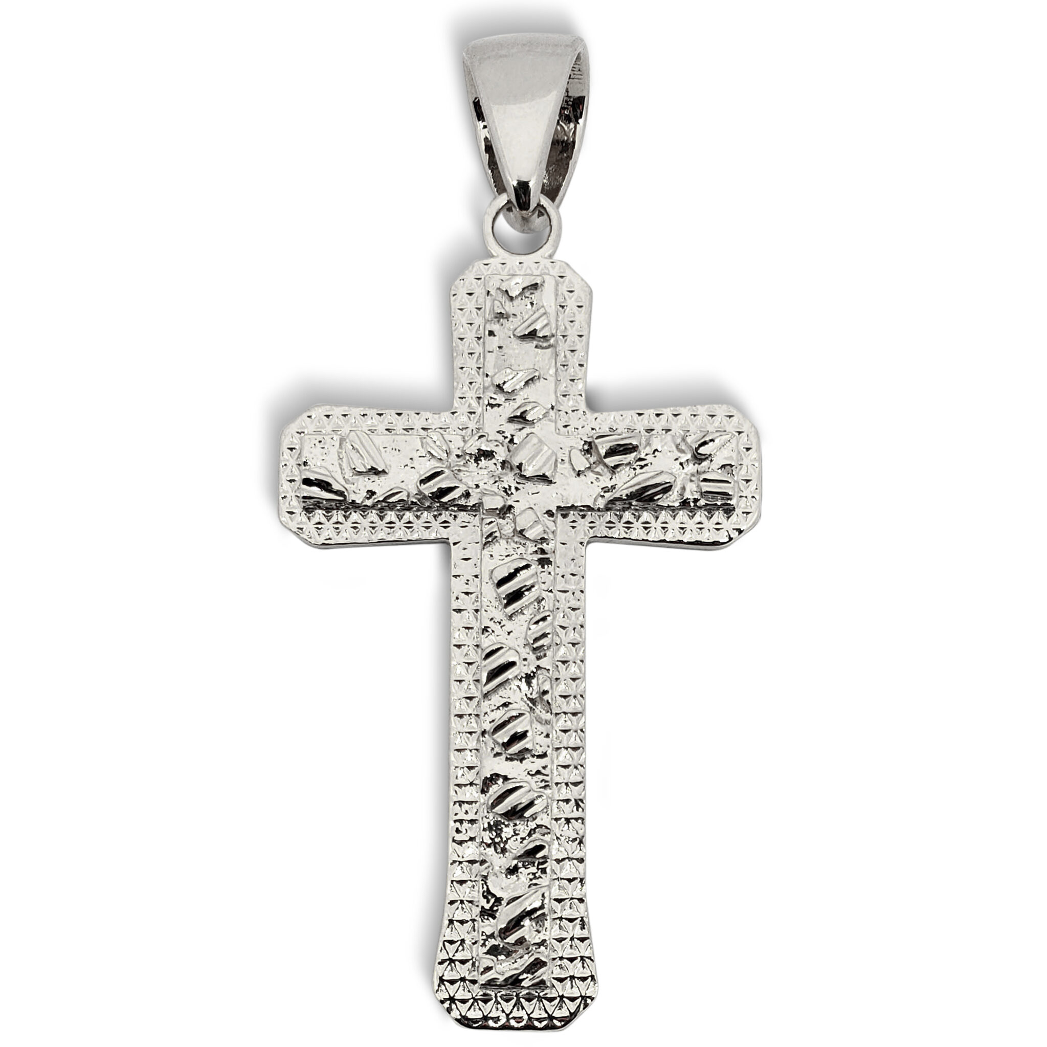 Solid 14K White Gold Nugget Cross, Mens Gold Cross Pendant Large 2.5 inch