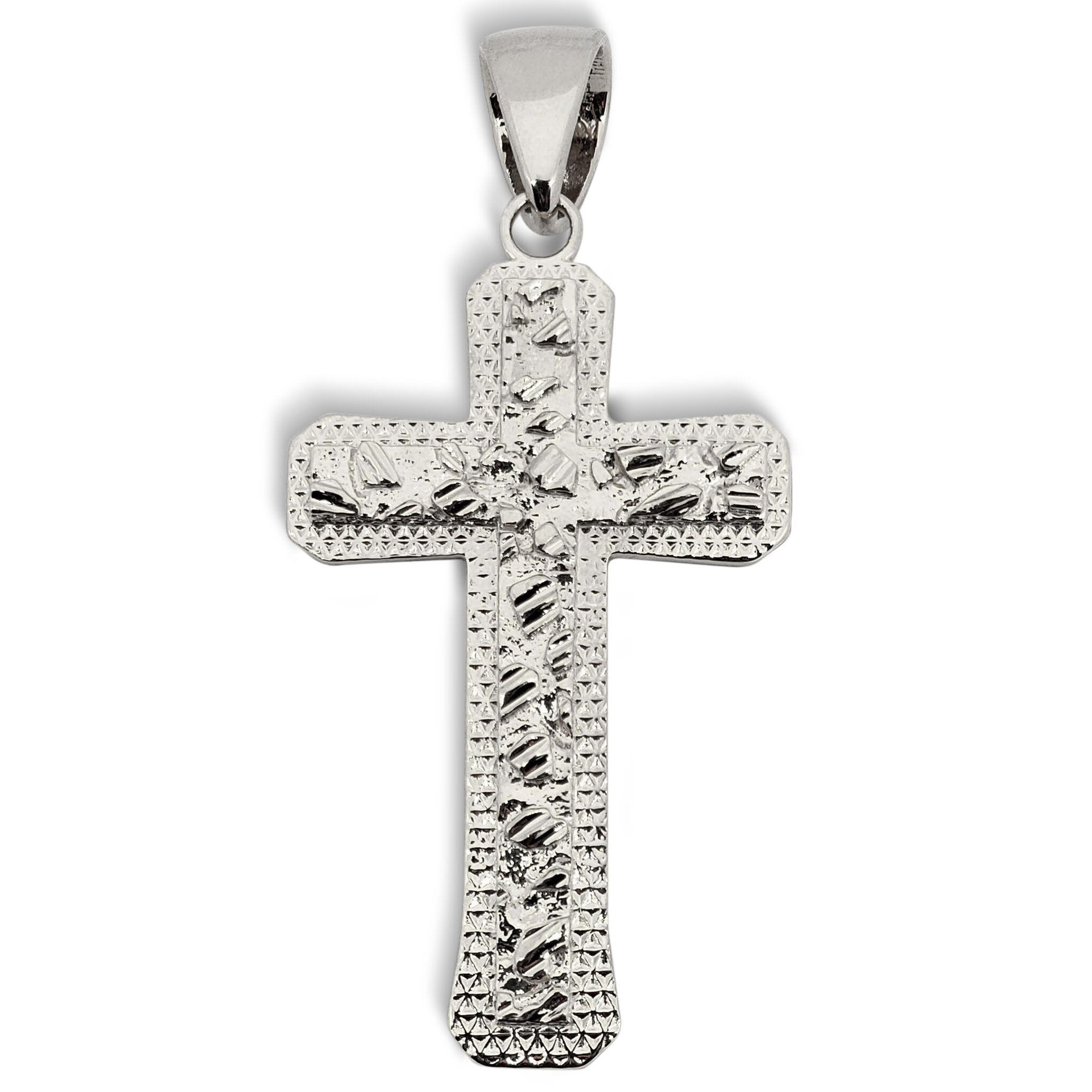 Solid 18K White Gold Nugget Cross, Mens Gold Cross Pendant Large 8.5g 2.5 inch