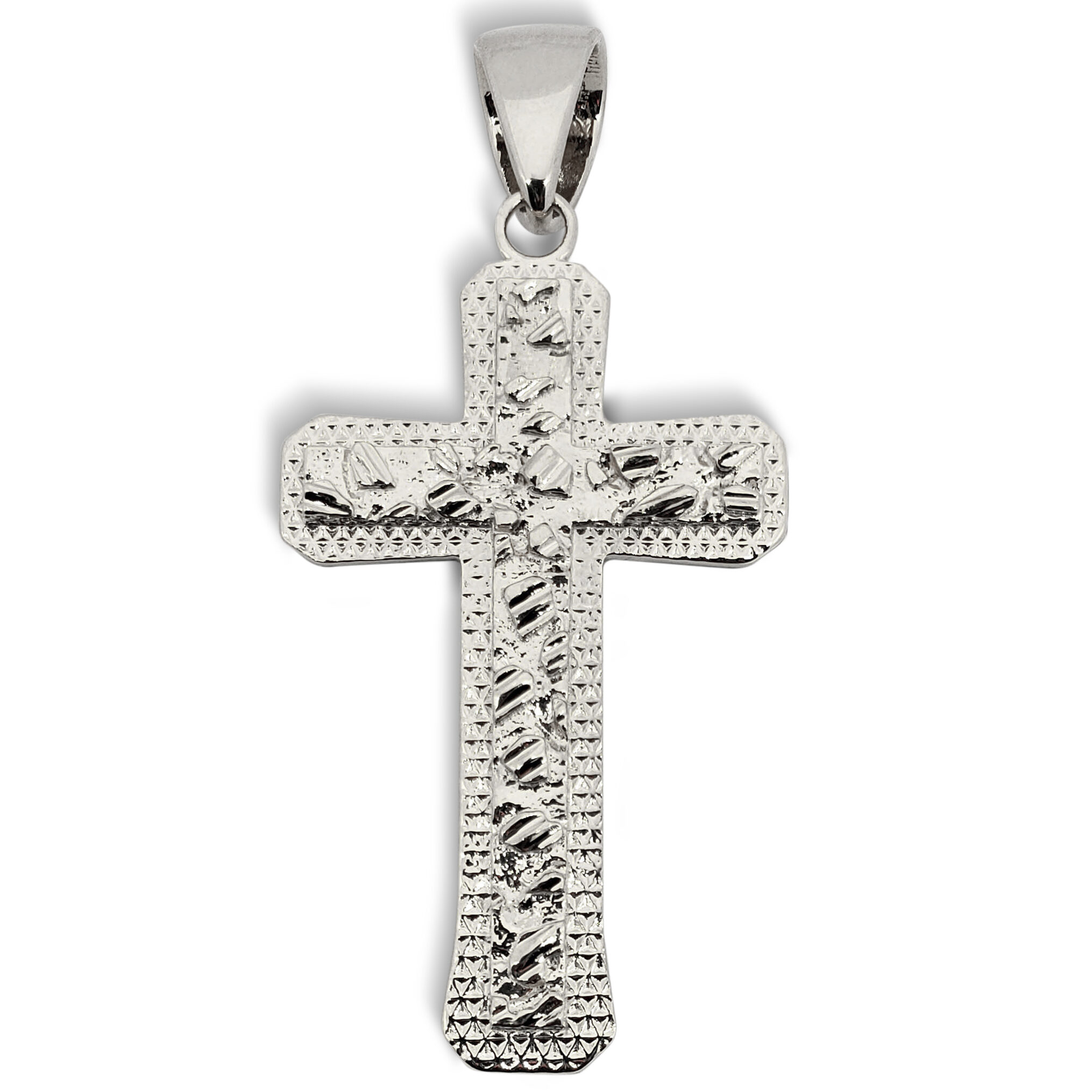 Solid 10K White Gold Large Diamond Cut Nugget Cross, 2.5" long