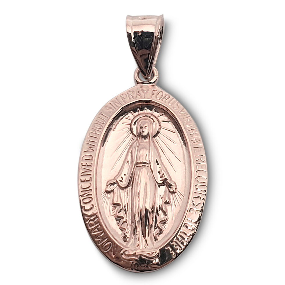 Solid 10K Rose Gold Miraculous Medal Virgin Mary Pendant, 3/4", Catholic