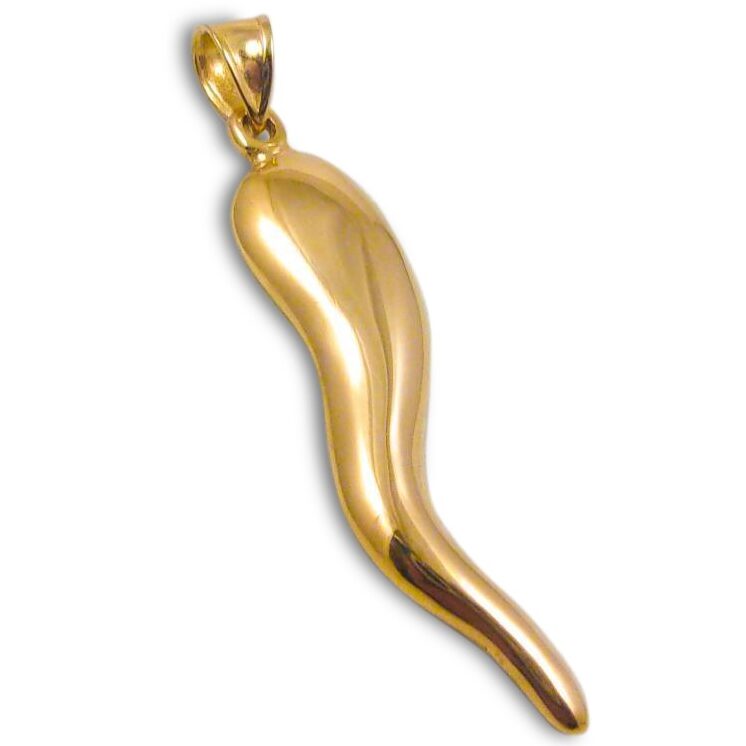 18K Yellow Gold Italian Horn Pendant Cornicello Italian Horn with Flat Back 1-5/16"