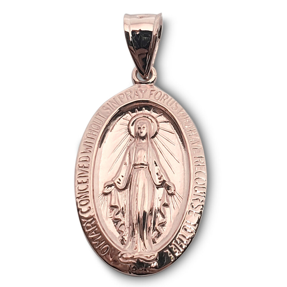 Solid 18K Rose Gold Miraculous Medal Virgin Mary Pendant, 3/4", Catholic
