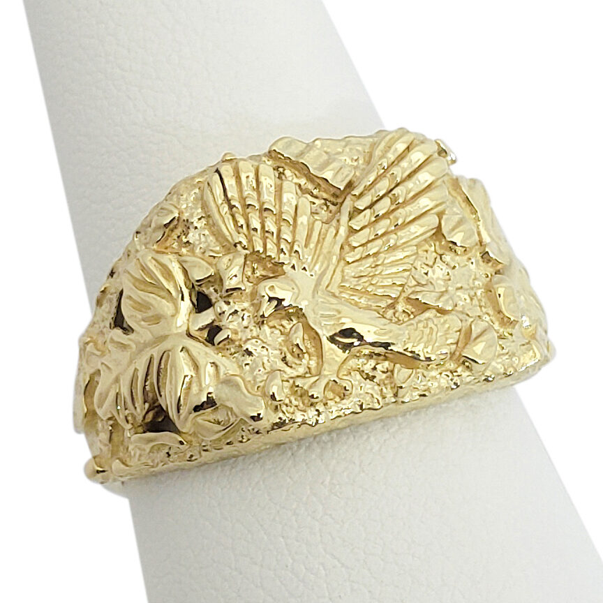 Solid 14K Yellow Gold Large Eagle Leaf Mens Nugget Ring, Size 5 - 15