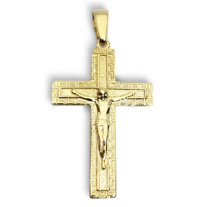 Solid 14K Yellow Gold Cross Pendant Ornate Greek Key Cross, 3.9 grams, 1.75 inch