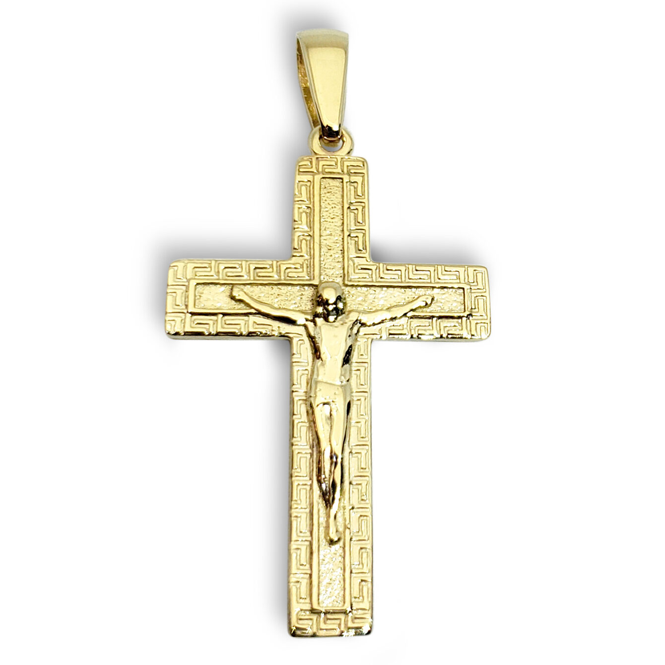Solid 14K Yellow Gold Cross Pendant Ornate Greek Key Cross, 3.9 grams, 1.75 inch