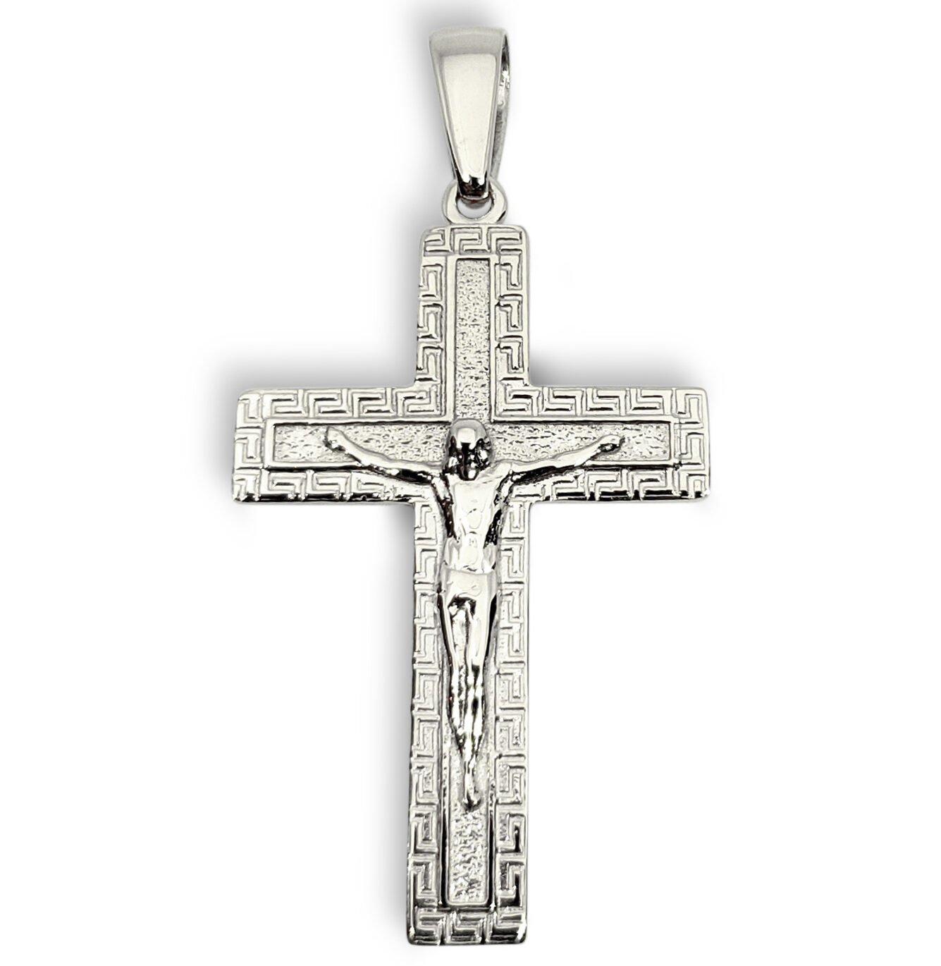Solid 10K White Gold Cross Pendant Ornate Greek Key Cross, 3.1 grams, 1 3/4"