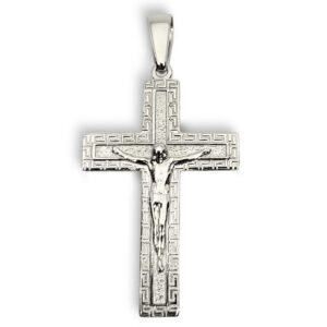 Solid 14K White Gold Cross Pendant Ornate Greek Key Cross, 3.9 grams, 1.75 inch