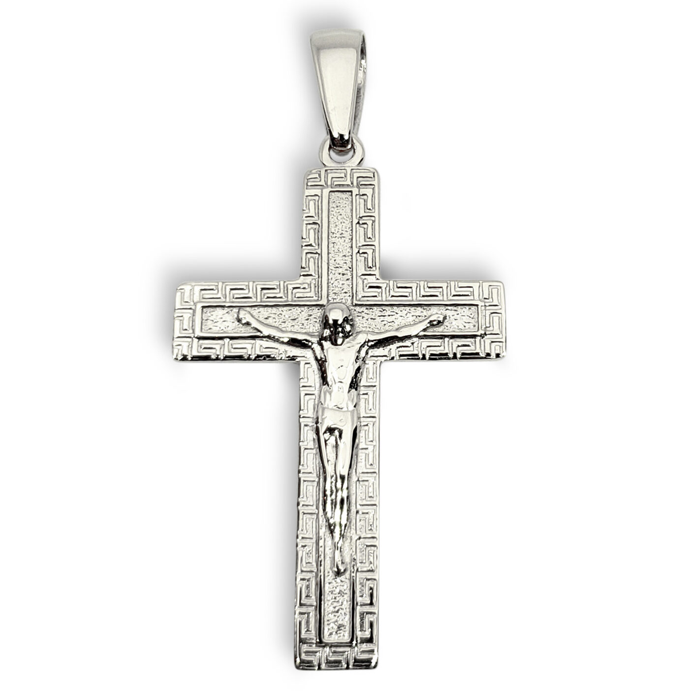 Solid 14K White Gold Cross Pendant Ornate Greek Key Cross, 3.9 grams, 1.75 inch