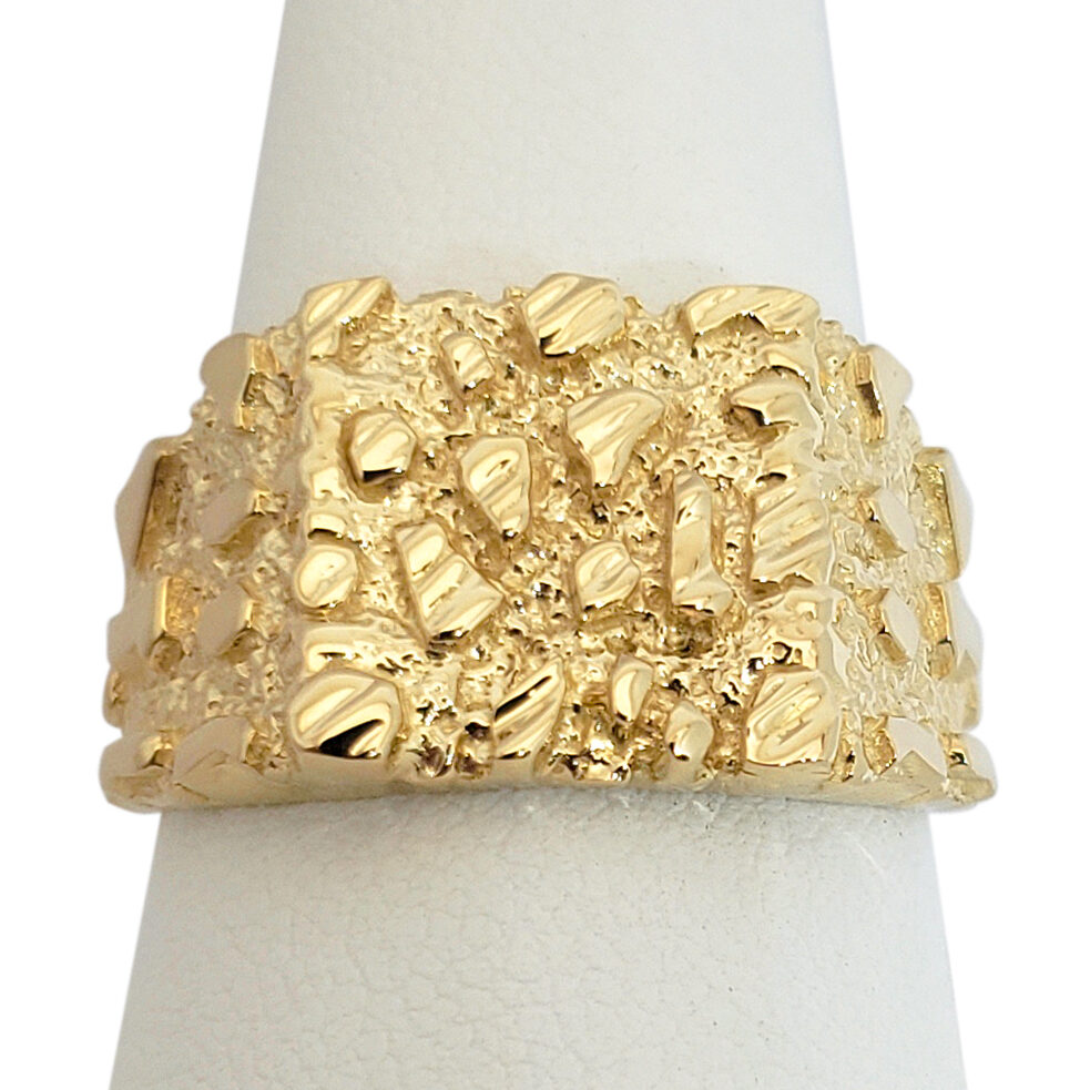 Solid 18K Yellow Gold Large Diamond Cut Mens Nugget Ring, Size 5 - 15