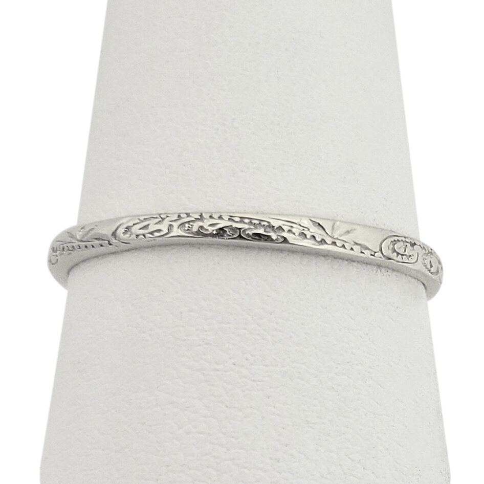 Solid 18K Women's White Gold Ring Engraved Hawaiian Scroll Ring 2mm, Midi