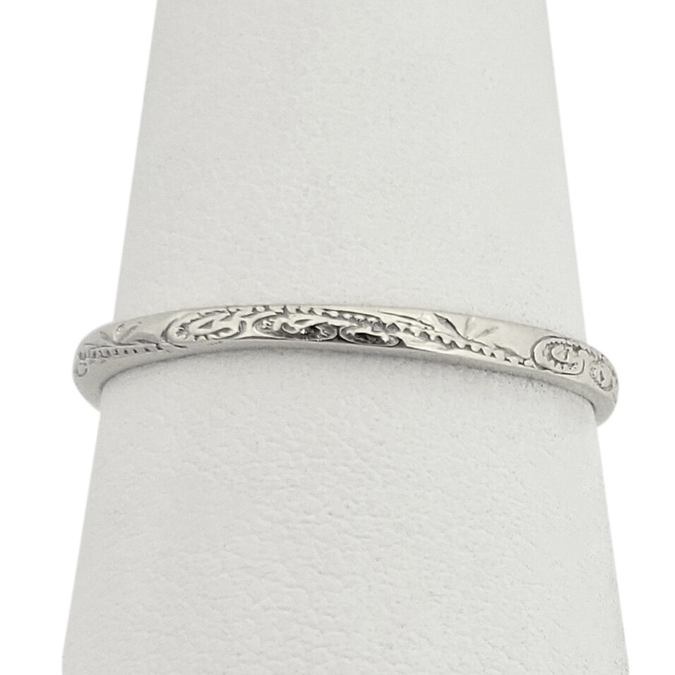 Solid 14K Women's White Gold Ring Engraved Hawaiian Scroll Ring 2mm, Midi