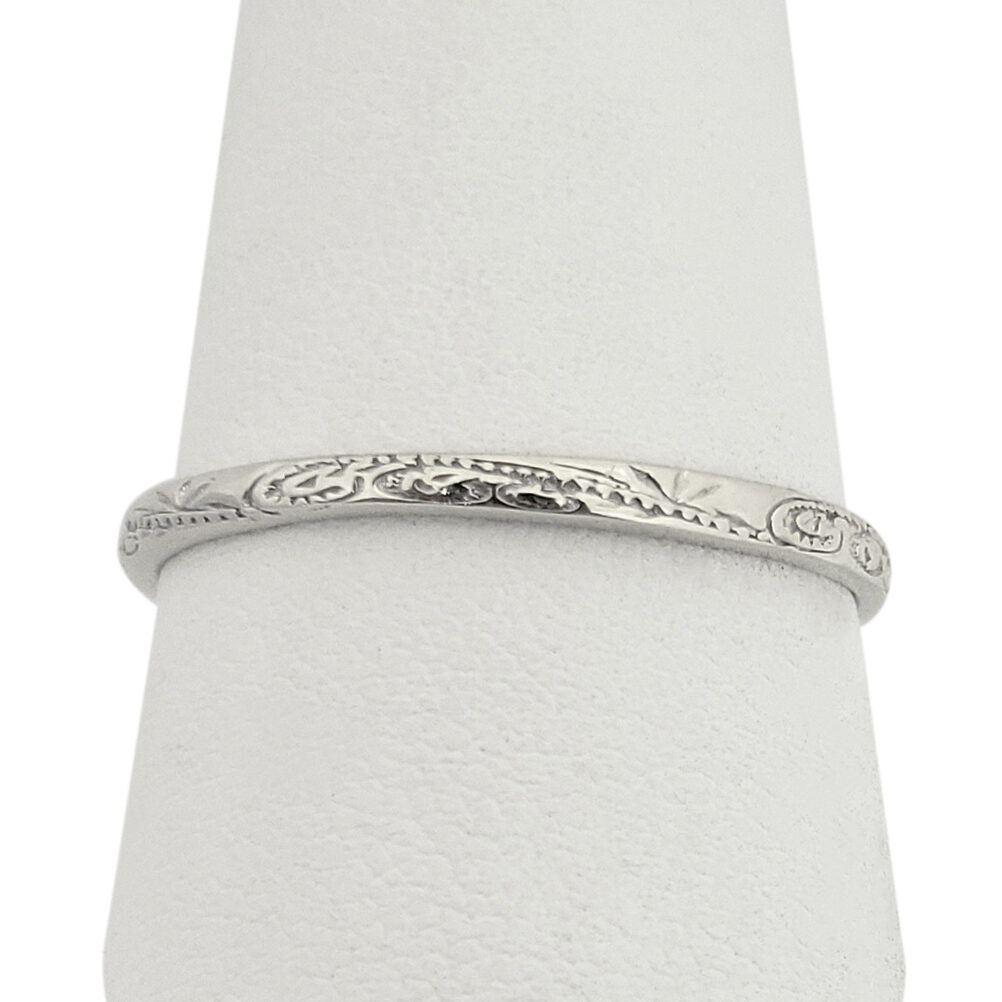 Solid 10K Women's White Gold Ring Engraved Hawaiian Scroll Ring 2mm, Midi