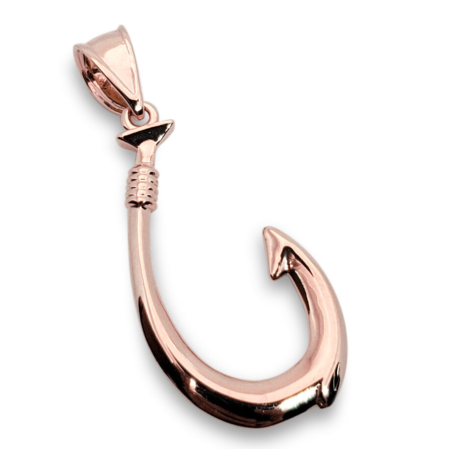 Solid 10K Rose Gold Fish Hook Pendant, 1.1 Inch, Hawaiian Fish Hook Jewelry, Hawaiian Makau, Hei Matau, Polynesian Pendant