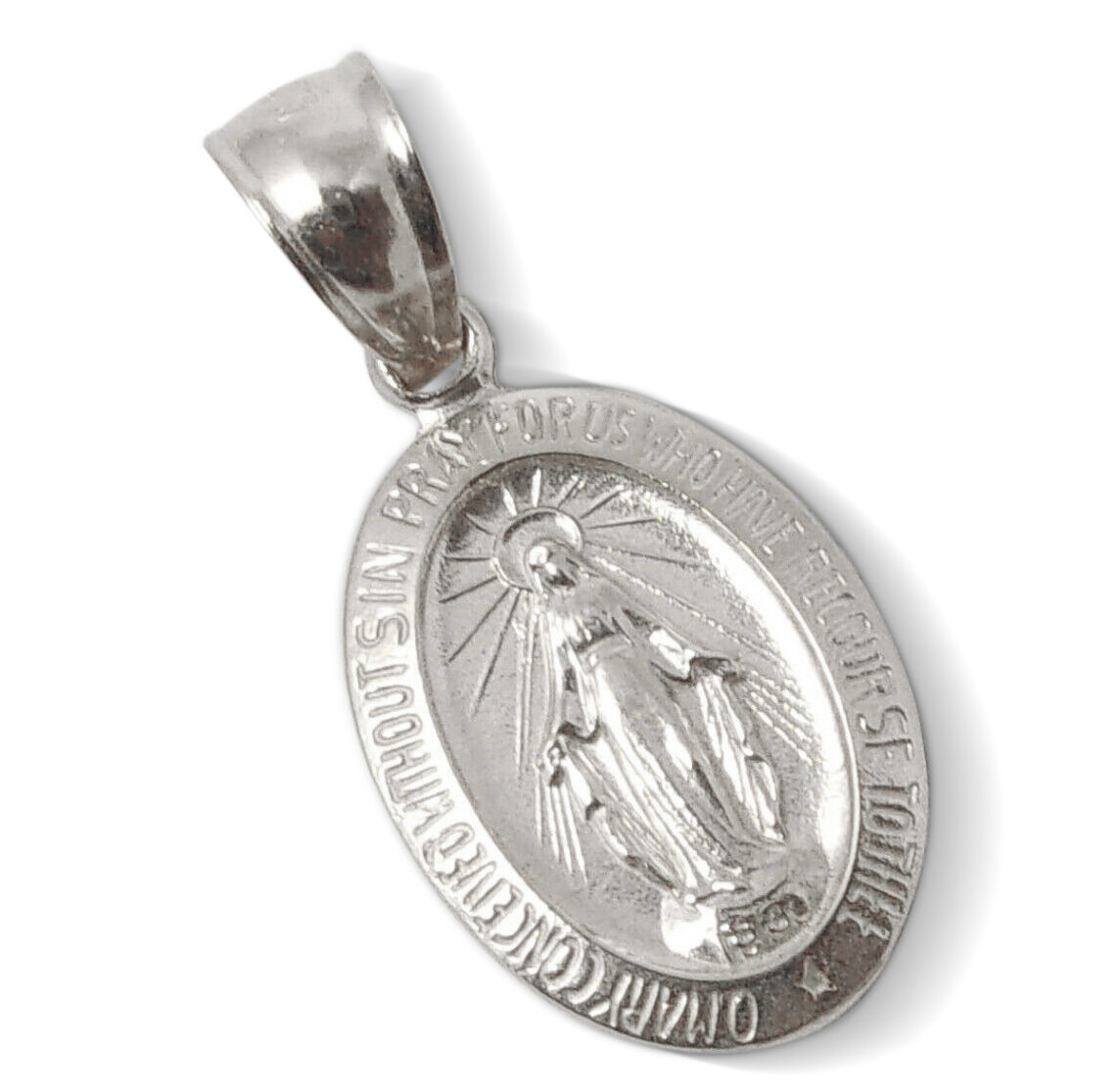 Solid 14K White Gold Miraculous Medal Virgin Mary Pendant, 9/16" Catholic