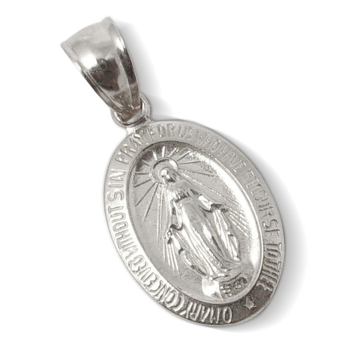 Solid 10K White Gold Miraculous Medal Virgin Mary Pendant, 9/16", Catholic