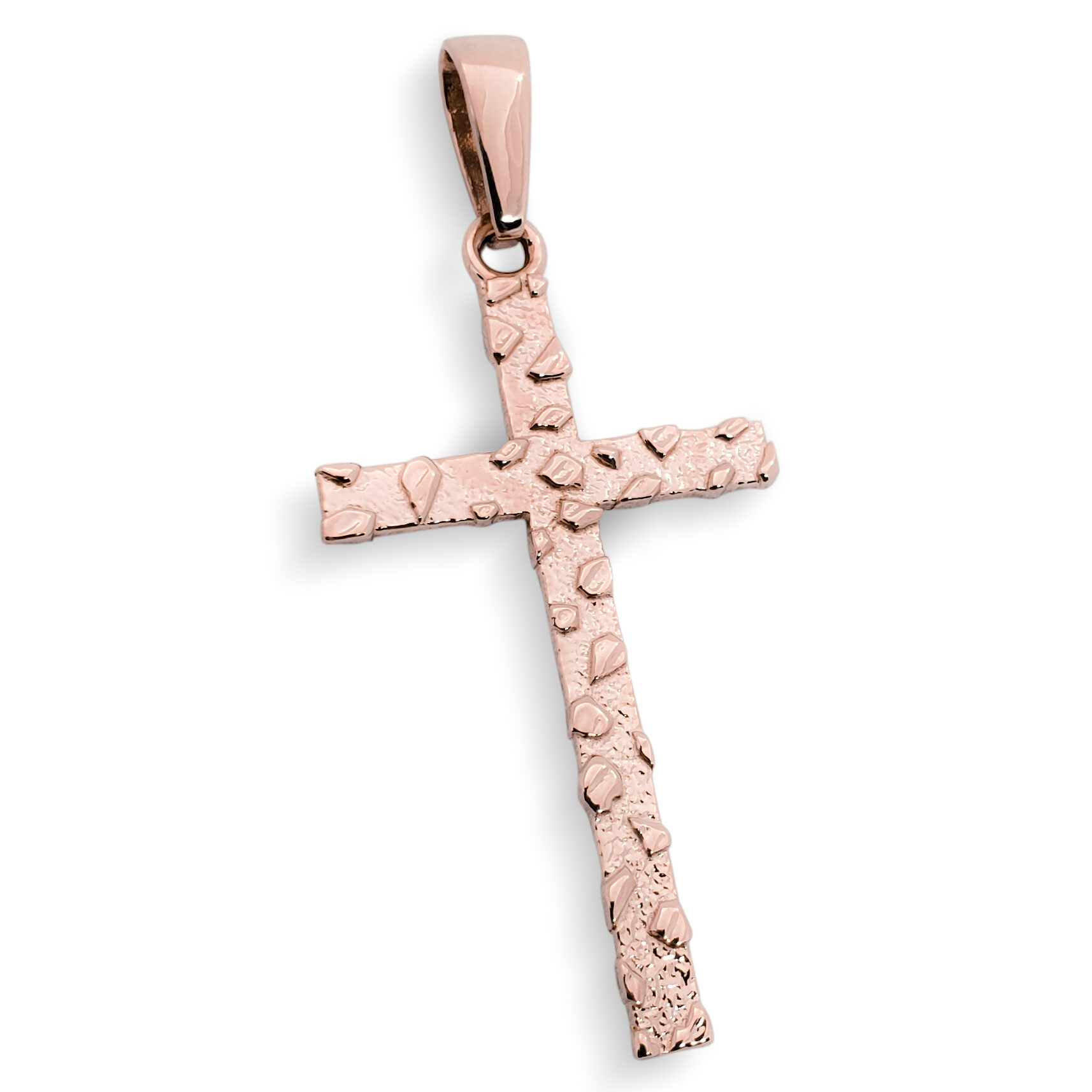 Solid 10K Rose Gold Nugget Cross Mens Gold Cross Pendant, 2.7 grams, 2"