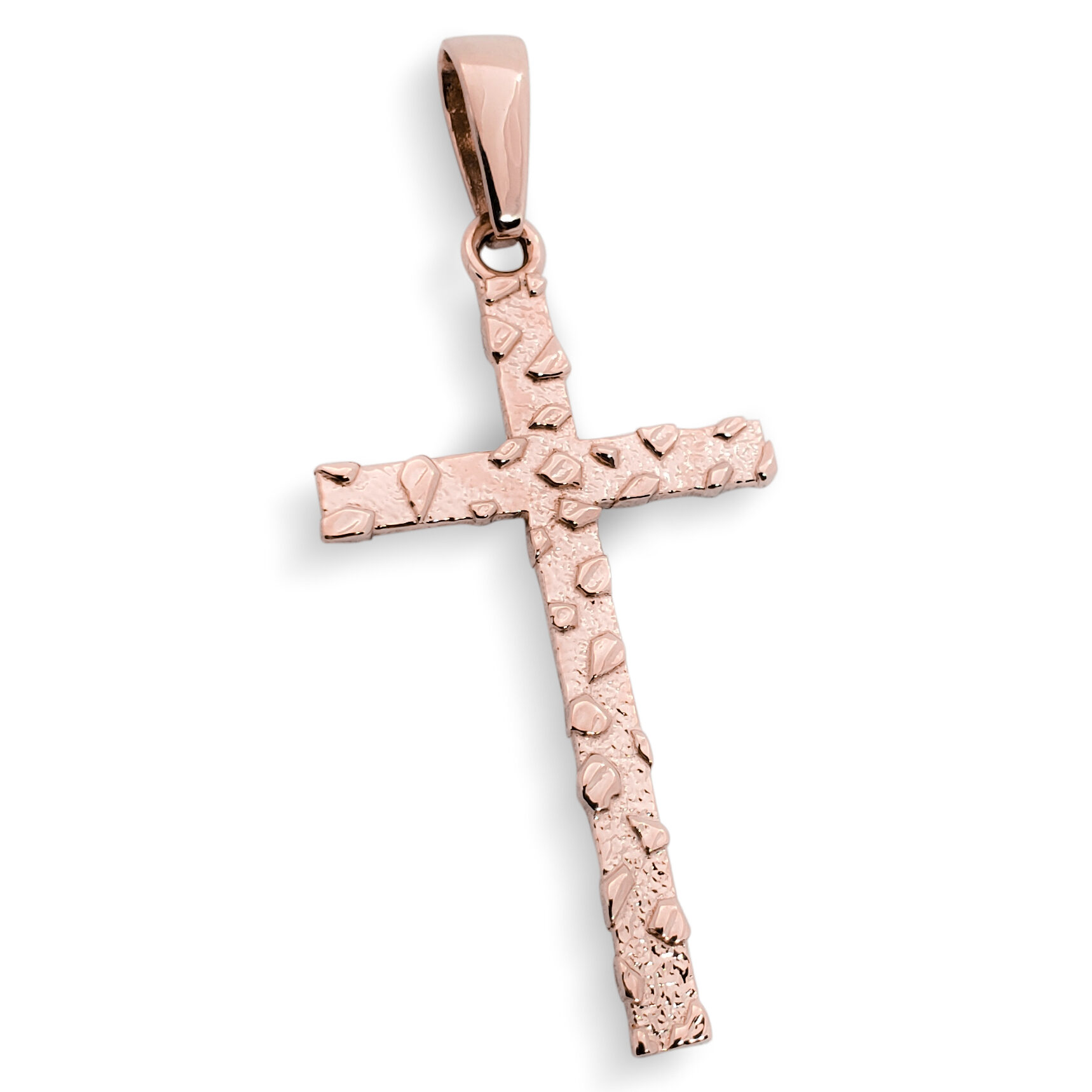 Solid 14K Rose Gold Nugget Cross Mens Gold Cross Pendant, 3.1 grams, 2 inch