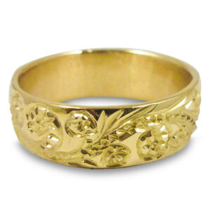 Solid 14K Women's Yellow Gold Ring Hand Engraved Hawaiian Scroll Ring 6mm